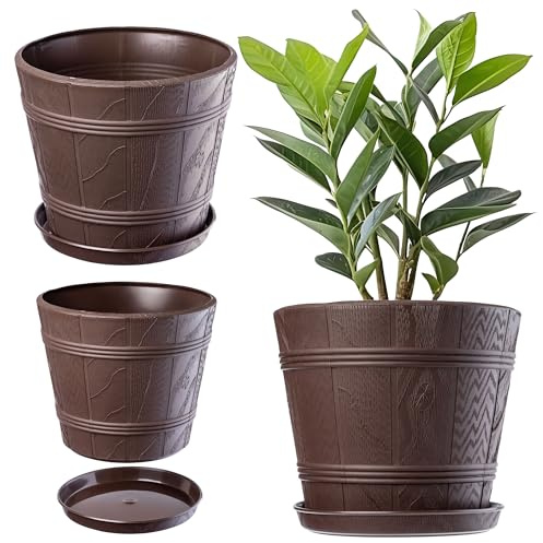 KADAX Pot de Fleurs en Plastique avec Soucoupe pour Intérieur et Extérieur, Catche-Pot Imitant l'aspect du Bois, Conçu en Forme de Tonneau (Marron, 26 cm)