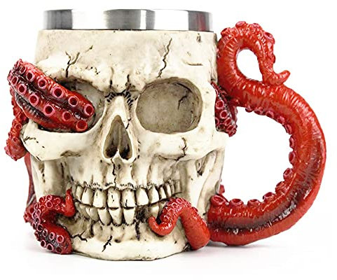 PROVIVID Skull Coffee Mugs with Handle Stainless Steel 3D Skull Beer Mug Realistic Resin Octopus Tentacle Beverage Drinking Cup Drinkware Mug Unique Gift for Men - 13oz