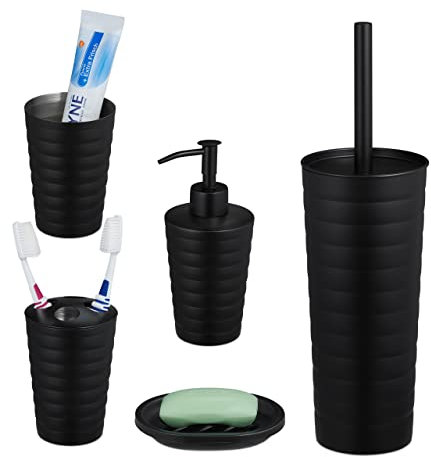 Relaxdays Badezimmer Set, 5-teilig, Badaccessoires Edelstahl matt, komplette Badezimmerausstattung, modern, schwarz