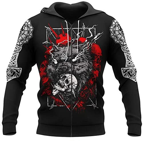 Fenrir Wolf Skull Head Sweatshirt, Viking Thor's Hammer Zip Hoodie, Novelty Streetwear Workout Pullover Casual Jacket,Zip,L