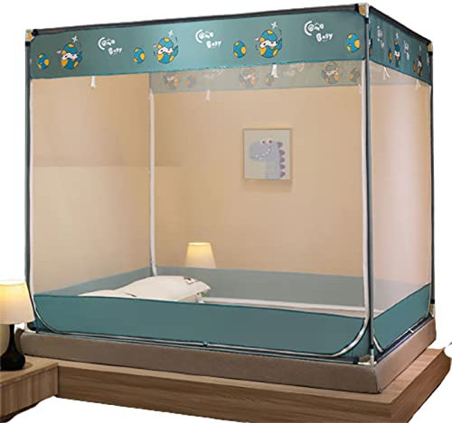 WHYUNM26 Sommer-Moskitonetz mit Cartoon-Print, Sturzfest Halterung Dreitüriges Himmelbett Vorhänge Zelt Schlafzimmer Dekor,Green,1.8m/6ft