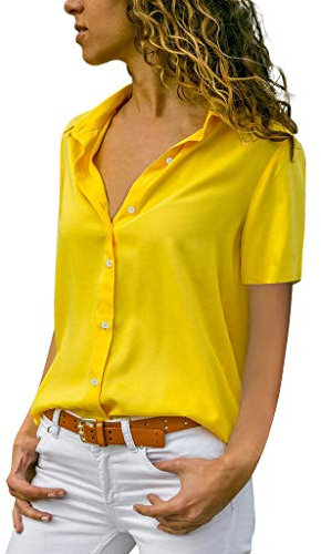 TIMEMEAN Hauts Femme Chemise Boutonnée en Mousseline à Col Rabattu Chemisier D'été à Manches Courtes Et Col en V Slim Fit Office Business, #04jaune, L, (TIMEMEANshirt4405)