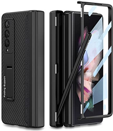 COQUE Étui Galaxy Z Fold 3 Housse en Cuir, de téléphone Tout Compris à charnière intégrée avec Fente pour Stylo cachée, de téléphone Pliable pour Samsung Galaxy Z Fold 3 5G-Fibre Carbone
