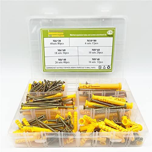 WAIZHIUA 220 Stück Schrauben und Dübel-Set, M6/M8/M10 Zink verzinkte Senkkopfschrauben und Kunststoff-Dehnrohrankerbolzen für Mauerwerk, Ziegel, Beton, Holzbefestigung, Reparaturmontage