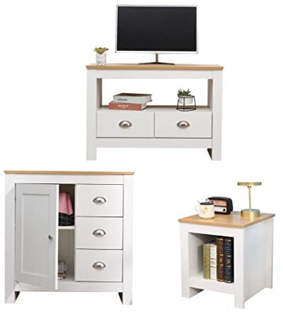 HOME MODERN Wooden Living Room Funriture Sets (Side/Lamp Table + 1 Door 3 Drawers Cupboard/Sideboard + TV Stand Unit Cabinet),White+Oak Color