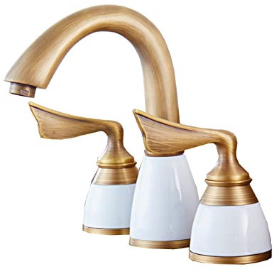Wasserhähne for Waschbecken 8 in Badezimmerarmatur Gold Zweigriff-Badezimmerarmatur Drei Löcher Antik-Messing-Wasserhahn Badezimmer 3-Loch-Heiß- und Kaltwasserhahn for Küche,Gold (Color : Antique B)