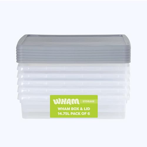 Wham Box 6 x 14.75L Stackable Plastic Storage Boxes with Lids | Ideal for Home, Office, Toys & More | Secure, Ribbed Clip-On Lid for Added Strength | Made in UK - Clear/Steel