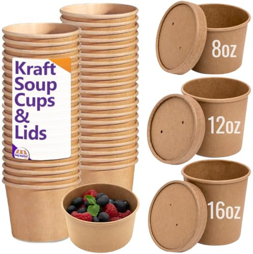 Bag Market | 50 x Biodegradable Brown Kraft Soup Containers with Lids | Ice Cream, Pots, Tubs, Takeaway (16oz / 453ml)