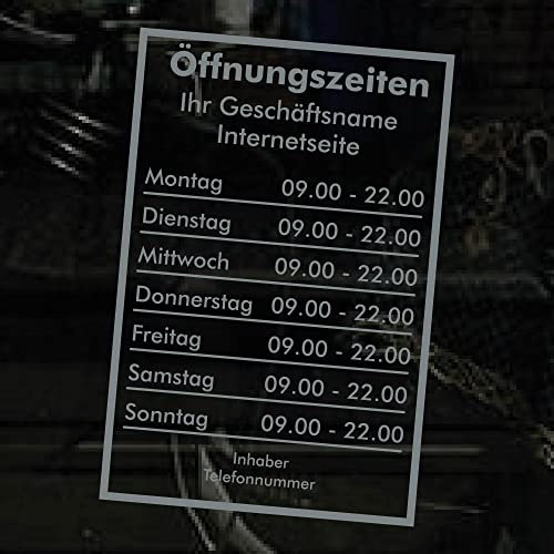 Öffnungszeiten Aufkleber - grau - mit Rahmen - Schaufensterbeschriftung für Werbung Laden Geschäft - Bistro Scheibe
