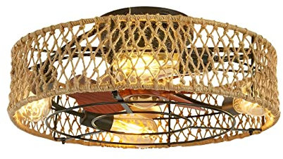 Farmhouse Caged Ceiling Fan with Lights Remote Control, Low Profile Bedroom Ceiling Fans, Industrial 19 Inch Ceiling Fans for Kitchen, Bedroom, Dining Room