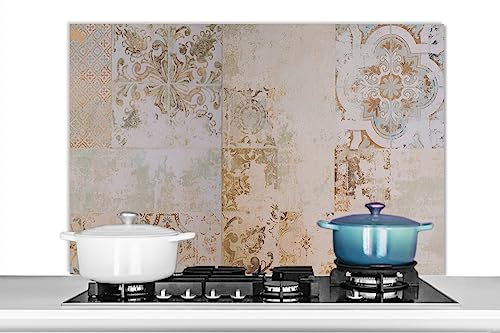 KitchenYeah© Küchenrückwand Platte Spritzschutz Küche Deko Aluminium Platte Wandschutz Küchen Zubehör WandverkleidungFliesen - Vintage - Braun - Antik - 100x65 cm