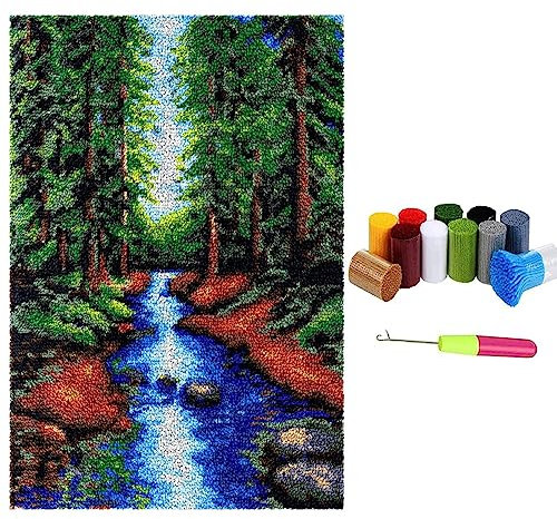 Knüpfteppich Zum Selber knüpfen mit Kissen, Teppich Set mit Werkzeug Knüpfsets Latch Hook Kit für Erwachsene, Knüpfen Teppich Knüpfpackung für Home Decor Geschenke (Wald, 69x102cm)