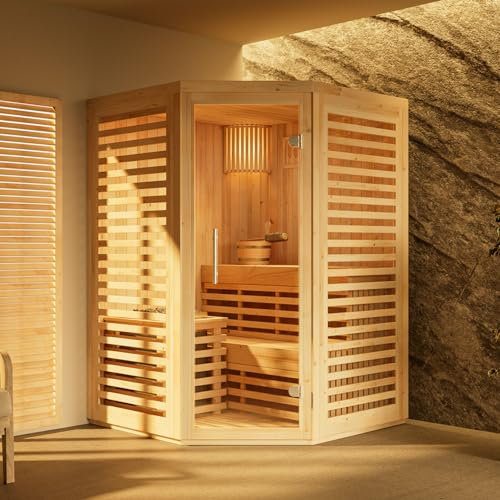 FinnTherm Innensauna Svala, Ecksauna mit Glasfront für 2 Personen, Innenmaße: B 129 x T 129 x H 191 cm, Hochwertige Saunaliegen, Vorgefertigte Elemente