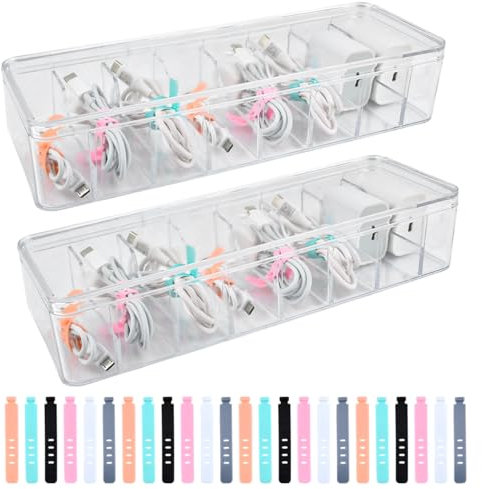 2Stück Kabel Aufbewahrungsbox Transparent Kabel Organizer Box mit 8 Verstellbare Fächer und 24 Kabelbinder, Cable Management Box für Schreibtischaufbewahrung im Büro und Zuhause