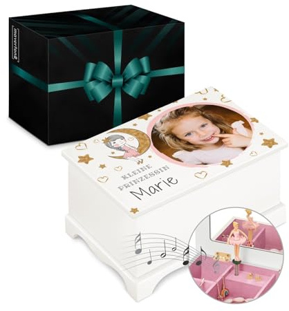 Maverton personalisierte Musik Schmuckdose mit Aufzieh-Spieluhr - Schmuckkästchen Ballerina - Musikspieldose für Mädchen zur Geburt - zum Geburtstag - zu Weihnachten - ohne Schublade - Porträt