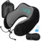 MASMAS Almohada de Viaje para Cuello Viscoelástica de Espuma Memoria, Cómoda para la Cervical, Ortopédica Soporte de Nuca para Viajar Coche Avión Bus con Máscara de Ojos, Tapones y Bolsa (Kit Negro)