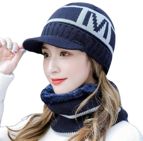 LANAZU Zweiteiliges Set aus Wollmütze und Schal für Damen, Thermo-Set für den Winter im Freien für Herren, geeignet für Ausflüge und Radfahren