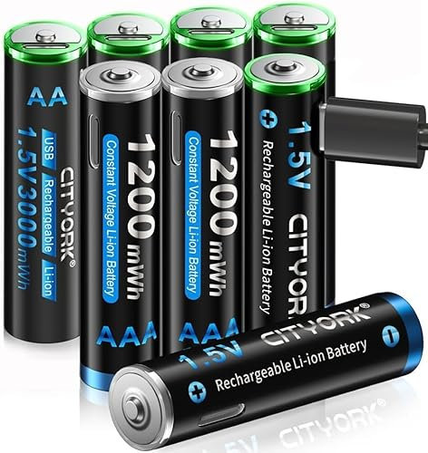 CITYORK USB-C AA AAA Akkus Lithium Wiederaufladbare, 4 Stück 1,5V AA Batterien 3000mWh und 4 Stück AAA Batterien 1200mWh mit 4-in-1 USB Ladekabel