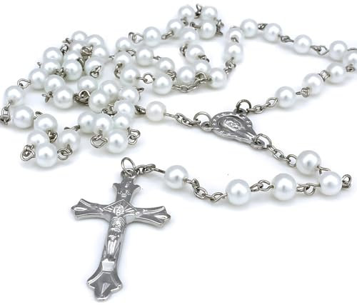 HSIXHAF 1 pcs Kommunion Rosenkranz Halskette PerlenKatholisch Rosenkranz Kette Jesus Kreuz Gebetskette Christlich Rosary Chain Geschenke Für Frauen und Männer Mädchen Jungen, Mit schwarzer Geschenkbox