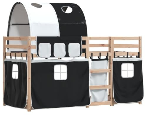 vidaXL Etagenbett, Kinderbett mit Vorhängen Leiter, Hochbett Spielbett für Kinder ab 6 Jahren, Doppel Stockbett Bett, Weiß Schwarz 80x200cm Massivholz Kiefer