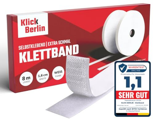 Klick Berlin Klettband Selbstklebend Schmal | 1,6 cm x 8 m | Klett Klebeband klebt auf vielen Flächen | Klettverschluss | 16 mm breit, 8 Meter lang, weiß