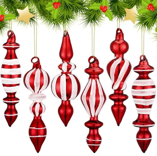 LOYIM 6 Stück Glas-Endstücke, Weihnachtsschmuck, Zuckerstange, rot und weiß, Weihnachtsbaumschmuck, gestreift, Glastropfen, hängende Ornamente für Urlaub, Weihnachtsbaum, Party-Dekorationen