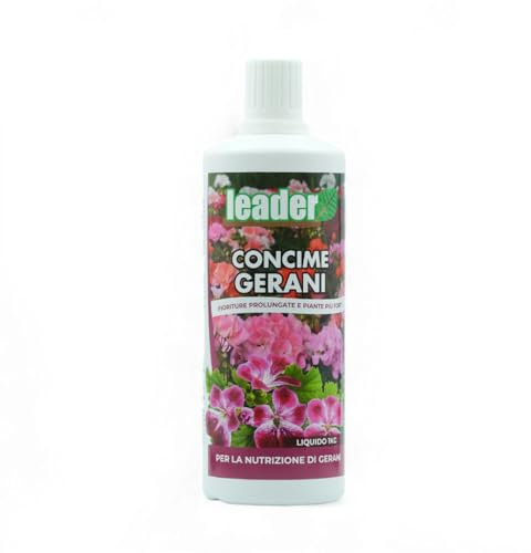 LEADER, Concime Gerani Liquido, Nutrimento Per Gerani In Vaso o Terra, Ideale Per Uno Sviluppo Rigoglioso Delle Piante, Previene Carenze Mantenendo L'Equilibrio, Formato liquido 1 Kg