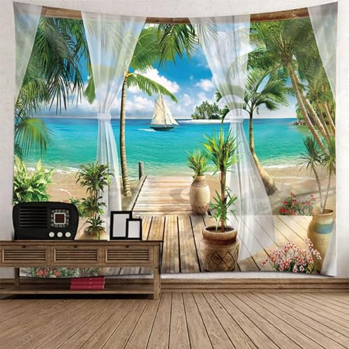 BCughia Wandbehang 240x220cm, Tapisserie Gazebo Meer Strand Palme Siehe Meeresufer Wandteppich Wohnzimmer 94 W x 87 H