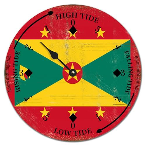 Yelolyio Grenada Runde Wanduhr, Mond, Gezeitenuhr, Vintage, Grenada-Nationalflagge, Ozeanzeit, Wanduhr, Holzuhr, Küstenuhr mit hoher und niedriger Gezeitendekoration, für Strandhaus, 38,1 x 38,1 cm