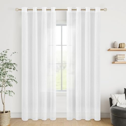 MRTREES Cortinas Blancas de Salon Modernas Dormitorio 2 Piezas 140x240 CM Cortinas y Visillos Translucidas Efecto Lino para Habitacion Juvenil Comedor Lindas Cortinas de Casa con Ojales