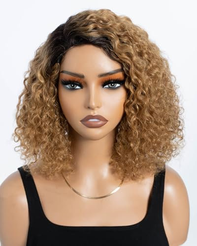 Style Icon Perruques courtes bouclées de cheveux humains sans colle pour femme 25,4 cm blond ombré raie latérale dentelle profonde bouclée perruque C-lace Jerry Curl (couleur : TT2/27)