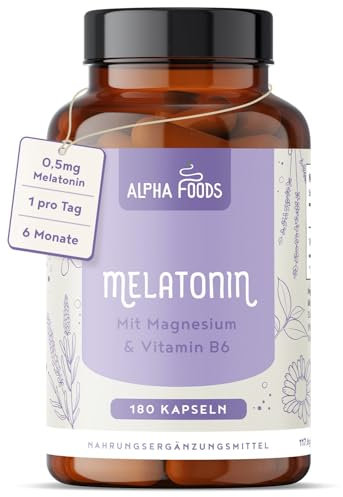 Melatonine 0,5 mg | 180 capsules | pour Endormissement Rapide, Sommeil & Jet Lag | Magnésium, L-Tryptophane, Passiflore, Lavande, Camomille & Vitamine B6 | Mélatonine pour Dormir | Alpha Foods