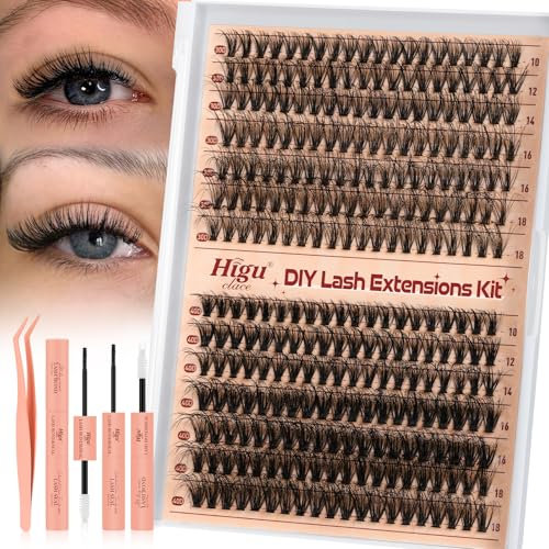 Cluster-Lashes Kit 30D+40D, Higu clace Eyelashes Individual Kit Mix 10-18mm Lashes Cluster Kit with Lash Bond and Seal and Lashes Applicator, DIY Lash Extension Kit at Home (30D+40D 10-18mm)