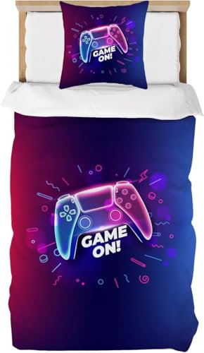 DJDEA Housse de Couette 90x190cm, Parure de Lit 1 Personne avec Fermeture Éclai avec Taie d'oreiller 40x60cm, Gamer Gamepad Rouge Bleu, Adolescents Kids Bedding Set, Housse de Couette en Microfibre
