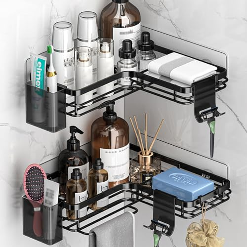 CRITIVE-S 2PCS Bathroom Storage Corner Shower Caddy, Bathroom Accessory Shelves with 2 Soap Dishs 8 Hooks 2 Toothbrush Holders 2 Razor Holders, Shower Storage Organiser No Drilling, Stainless Steel
