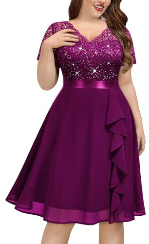 MISSMAY Women's Plus Size Vintage Floral Lace Sequin V-Neck Ruffle Cocktail Party Formal Fit and Flare Swing Dress (4XL, Maroon)