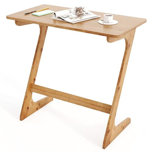 COSTWAY Bamboo Sofa Side Table, Z-Shaped Bedside End Laptop Desk, Space-Saving Overbed Snack TV Tray Table for Small Space, Living Room and Bedroom, 75x40x70cm, Natural