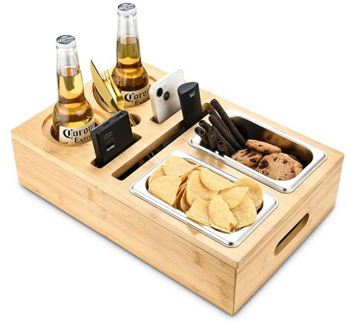 DE-COmmerce Bambus Couchbar, Schalen aus Edelstahl, abnehmbarer Deckel, Snackbox, Sofatablett, Organizer für Sofa, Couch, Handy, Getränke & Camping