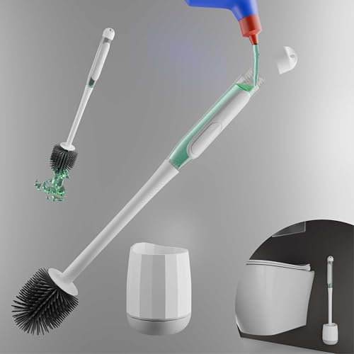 Cepillo de inodoro rellenable con cabezal de cepillo de silicona, autolimpiable con limpiador de bordes, cepillo de inodoro para montaje en pared sin taladrar, depósito de 60 ml para detergentes