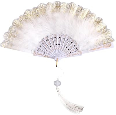 Abanico plegable de mano, abanico plegable de plumas con colgante de plumas, abanico plegable de plumas, abanico de mano plegable con diseño de hada dulce niña bailando (blanco)