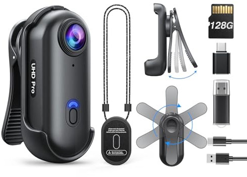 BOBLOV W4 4K Bodycam Körperkamera Mini, Body Cam mit 360° drehbarem Clip und Magnetclip, 90 Minuten für Aufnahmen, für Vorträge, Reisen, Spaziergänge mit Haustieren (128GB)