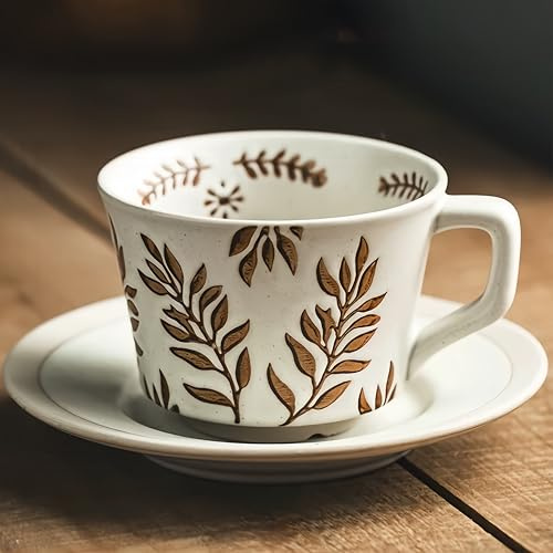 SYDDOL Vintage Ceramic Coffee Cup with Saucer, 12 OZ/350ml Handmade Countryside Mugs, for Cappuccino, Latte, Hot Cocoa/Tea, Gift for Birthday/Christmas, Safe for Dishwasher/Oven/Microwave (Brown)
