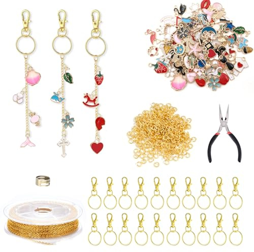 Komergave 173 Stück Schlüsselanhänger Selber Machen Set, Metall Schlüsselanhänger Bastelset, 50 Charms 20 Schlüsselringe Karabiner 100 Biegeringe und Schmuckzange für DIY Bastelset