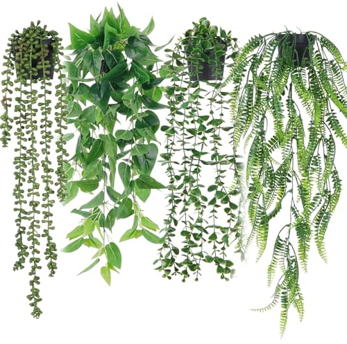 Lonwiner 4 Stück Künstliche Pflanzen Hängend, Fake Plant für Drinnen Draußen Büro Wohnzimmer Garten Optionen für Weihnachtsgeburtstagsgeschenke