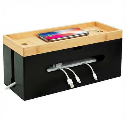 Relaxdays Kabelbox Bambus, HBT 16x34x13,5 cm, für 6fach Steckdose, Kabelversteck m. Deckel & Kabelbindern, Natur/schwarz