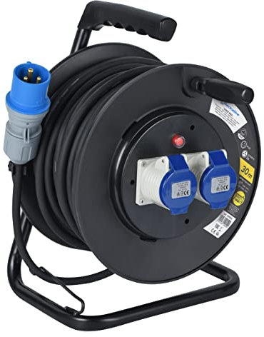 Electraline 49050 Prolunga in Gomma con Avvolgicavo 30 m, 2 Prese Industriali IEC, Spina a 3 Poli CEE Adatto per Camper, Campeggio, Caravan, Barca, Can, Nero/Blu