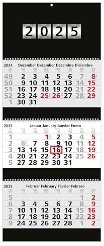 3-Monatskalender 2025 Premium-Black Wandkalender 33,5 x 81 cm hängt immer glatt und gerade durch Wire-O-Bindung schwarze Rückwand, Jahreszahl Silberprägung, Metallöse