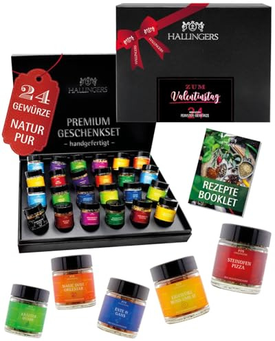 Hallingers Genuss Manufaktur Gewürz Valentinstagsgeschenk-Set - 24 Gewürze aus aller Welt in wertiger Geschenkbox mit Rezept-Booklet Zum Valentinstag, Valentintstag für Frauen Männer