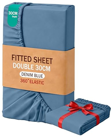 MOHAP Double Size Fitted Sheet Denim Blue with Extra Deep 30 cm Pocket Bed Sheet Only Bedsheet Brushed Microfiber Bottom Sheet for Double Bed 135x190 Denim Blue