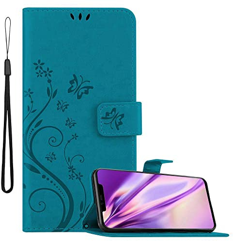 Cadorabo Hülle kompatibel mit Huawei Mate 20 PRO Blumen Design aus Kunst Leder Flip Klappbare Stoßfeste Magnetische [Standfunktion] [Kartenfächern] Cover Hülle für Huawei Mate 20 PRO Tasche in Blau